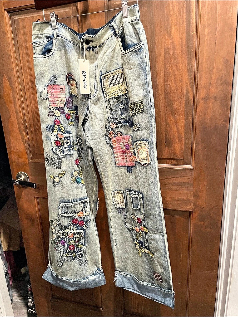 Blue Velvet Embroidered Patchwork Jeans in Blue Size Large NWT